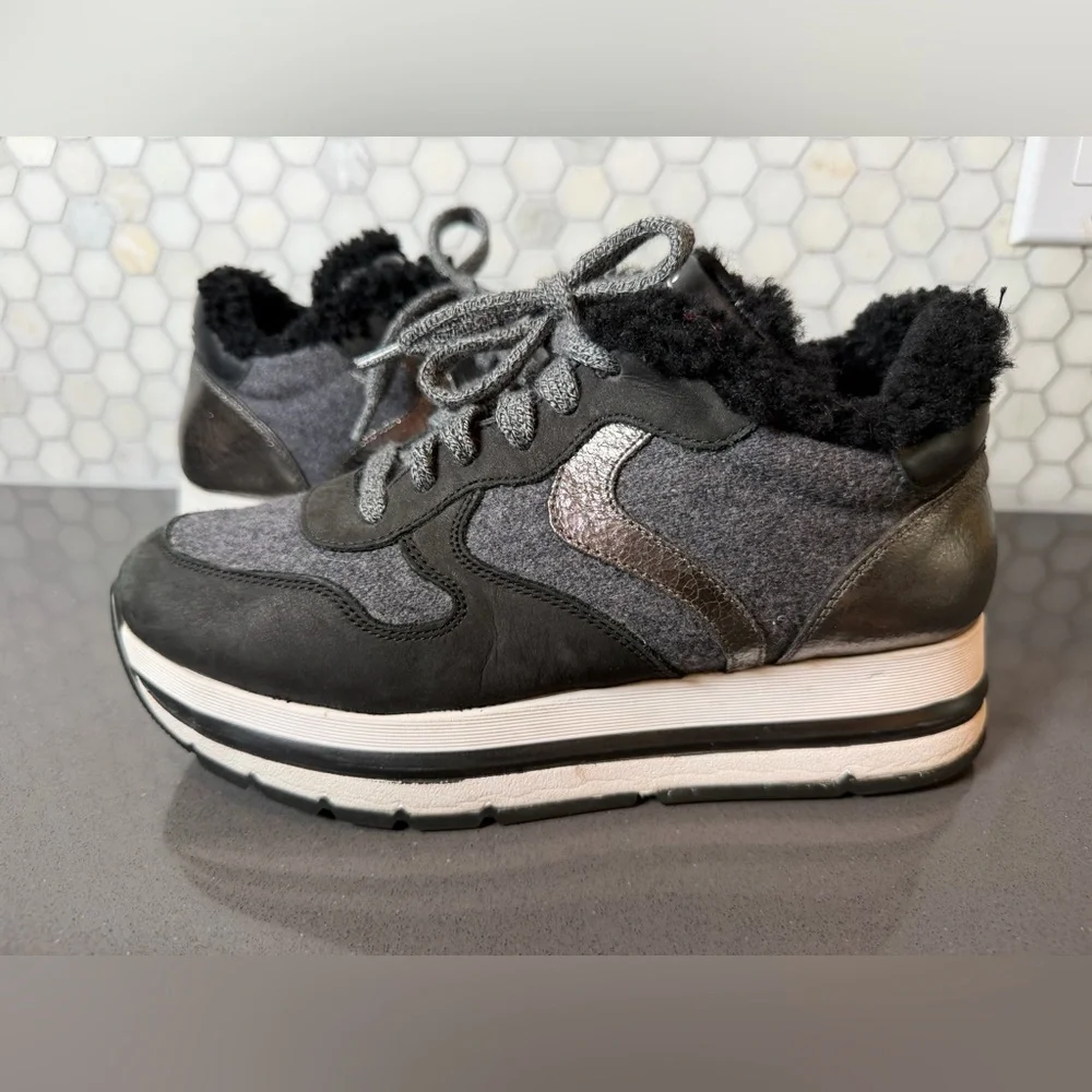 Voile Blanche Maran Fur Leather Shearling Platform Sneakers Black & Grey Sz 39